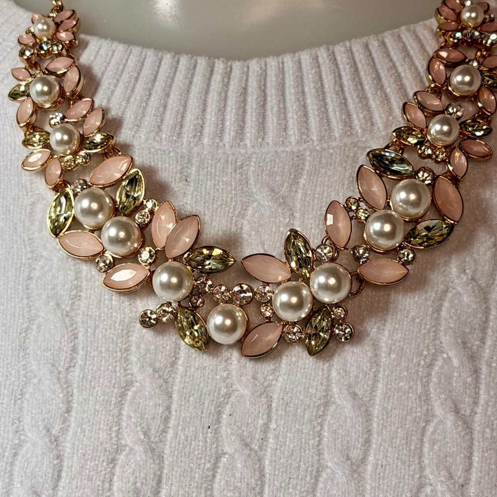 Gold Tone Pink Faux Pearl Crystal Floral Statement Bib Necklace 17-20.5 In